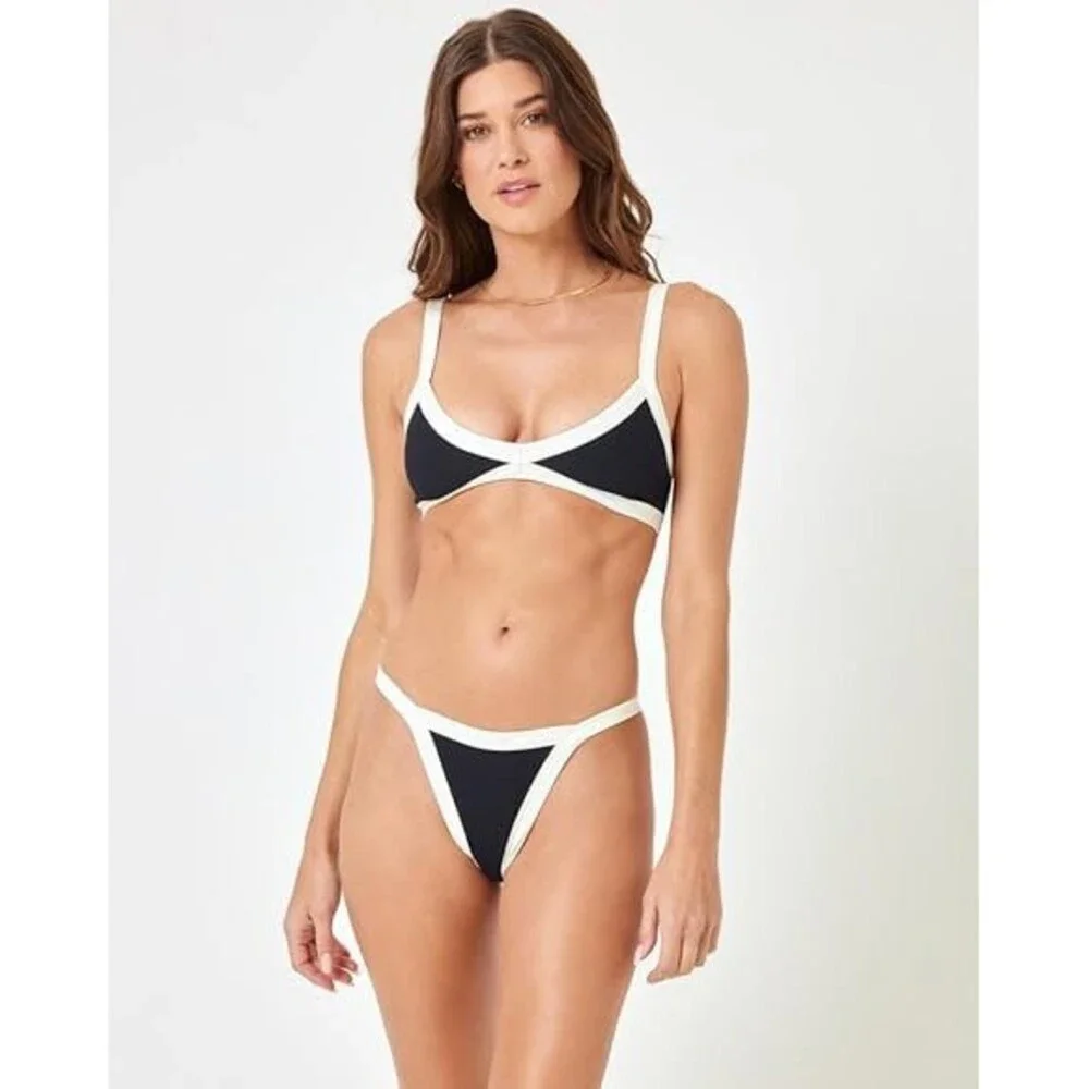 L*Space Mackenzie Bikini Bottom Womens Medium Black Nylon Stretch Swimwear TLW57